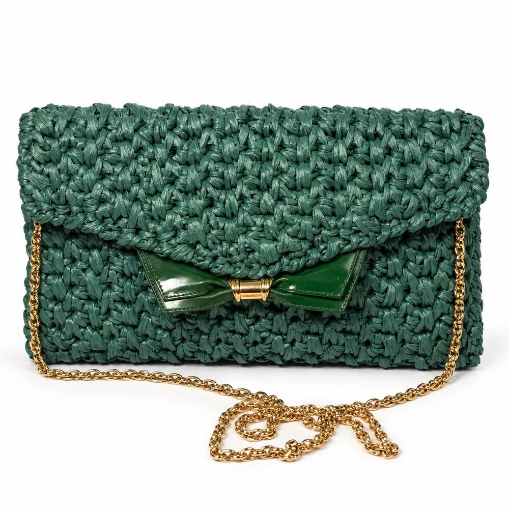Rodo Woven Raffia Envelope Clutch Green Bow Gold Chain Shoulder Bag Womens